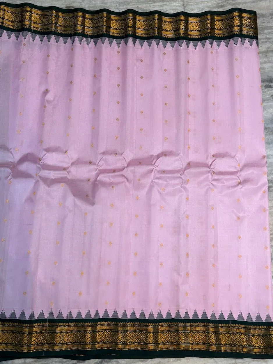 Pure Gadwal Silk Saree in Pastel Pink & Bottle Green with Rich Gold Zari Temple Border | Traditional Handloom Pattu Saree for Weddings & Festivals - pochampallysarees.com