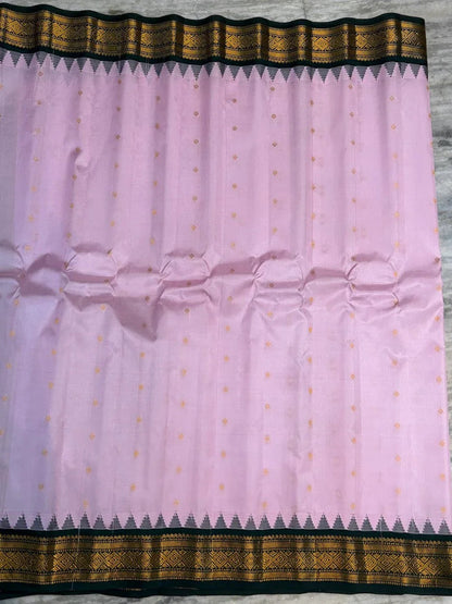Pure Gadwal Silk Saree in Pastel Pink & Bottle Green with Rich Gold Zari Temple Border | Traditional Handloom Pattu Saree for Weddings & Festivals - pochampallysarees.com