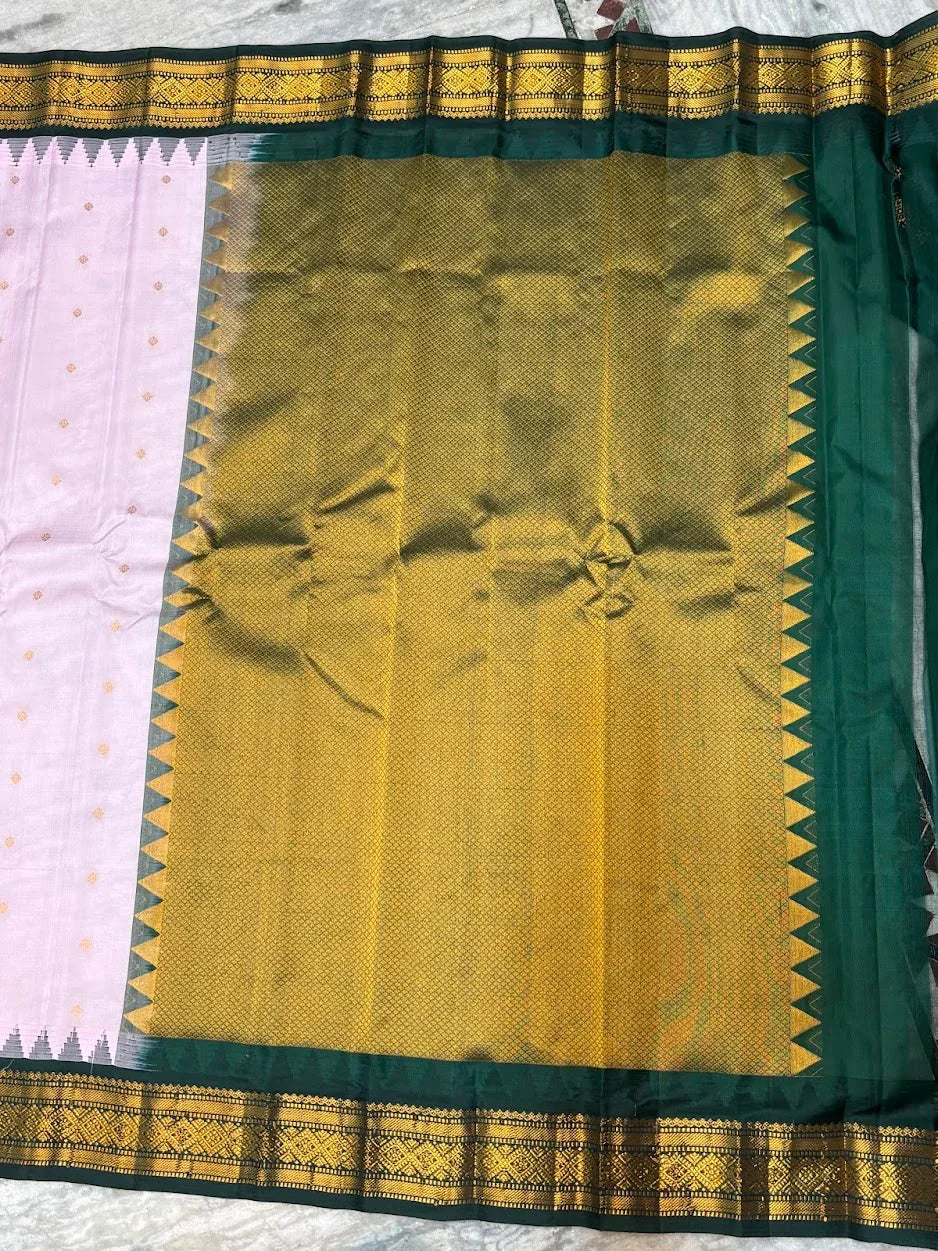 Pure Gadwal Silk Saree in Pastel Pink & Bottle Green with Rich Gold Zari Temple Border | Traditional Handloom Pattu Saree for Weddings & Festivals - pochampallysarees.com