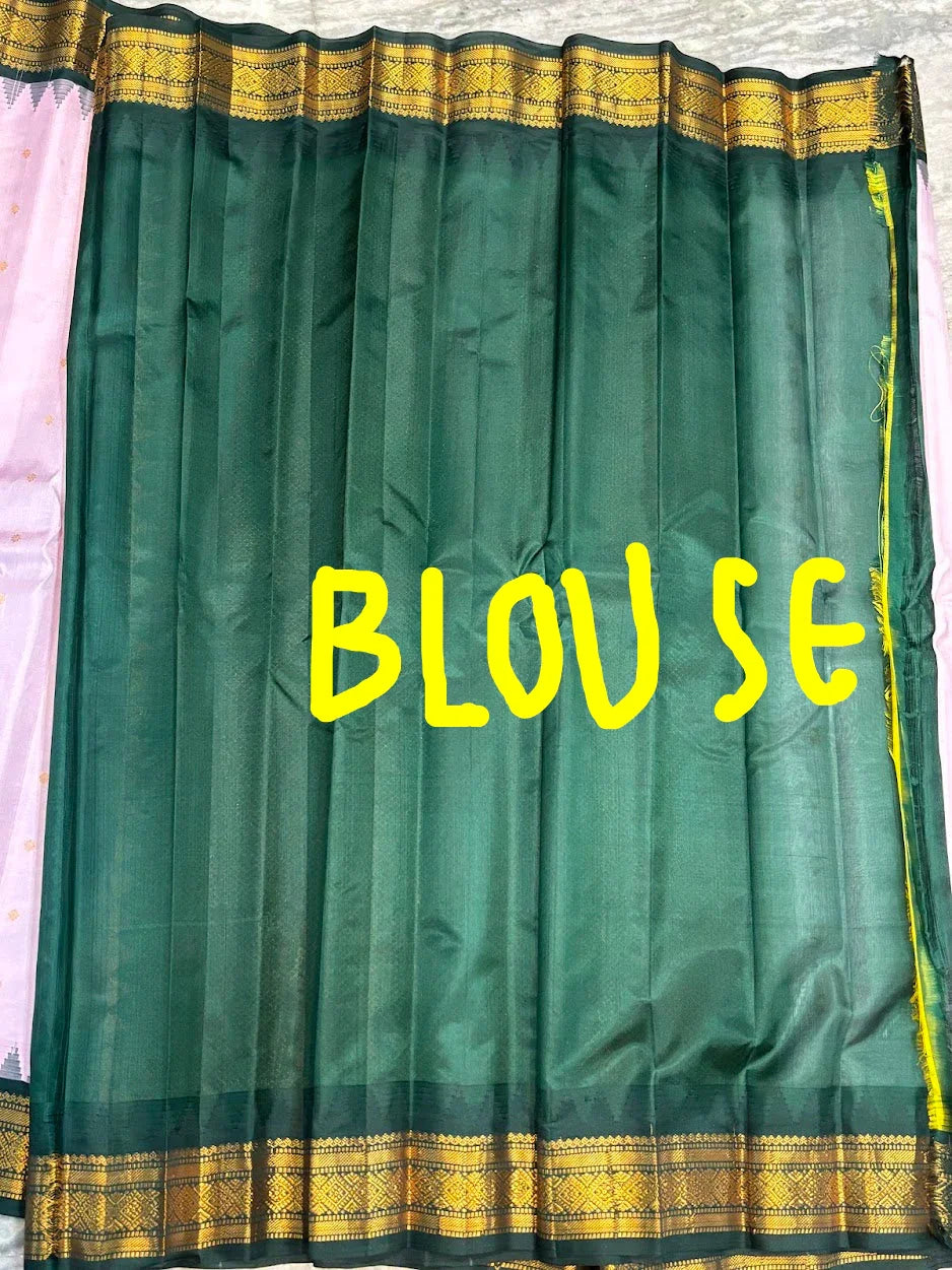 Pure Gadwal Silk Saree in Pastel Pink & Bottle Green with Rich Gold Zari Temple Border | Traditional Handloom Pattu Saree for Weddings & Festivals - pochampallysarees.com