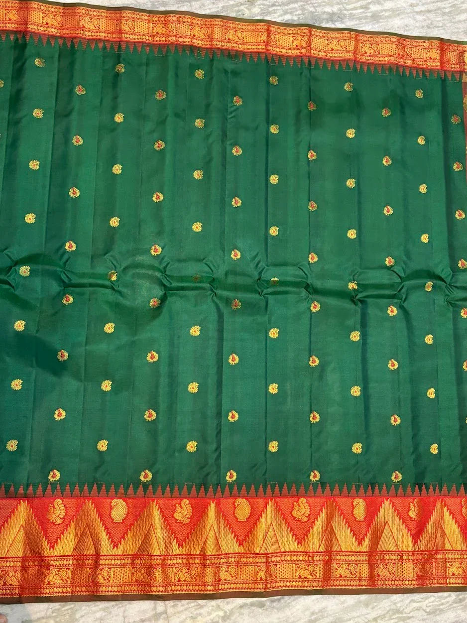 Pure Gadwal Silk Saree in Deep Green & Red | Rich Gold Zari Temple Border | Traditional Handloom Wedding Pattu Saree - pochampallysarees.com