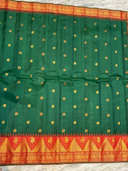 Pure Gadwal Silk Saree in Deep Green & Red | Rich Gold Zari Temple Border | Traditional Handloom Wedding Pattu Saree - pochampallysarees.com