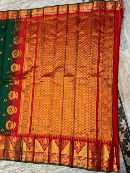 Pure Gadwal Silk Saree in Deep Green & Red | Rich Gold Zari Temple Border | Traditional Handloom Wedding Pattu Saree - pochampallysarees.com