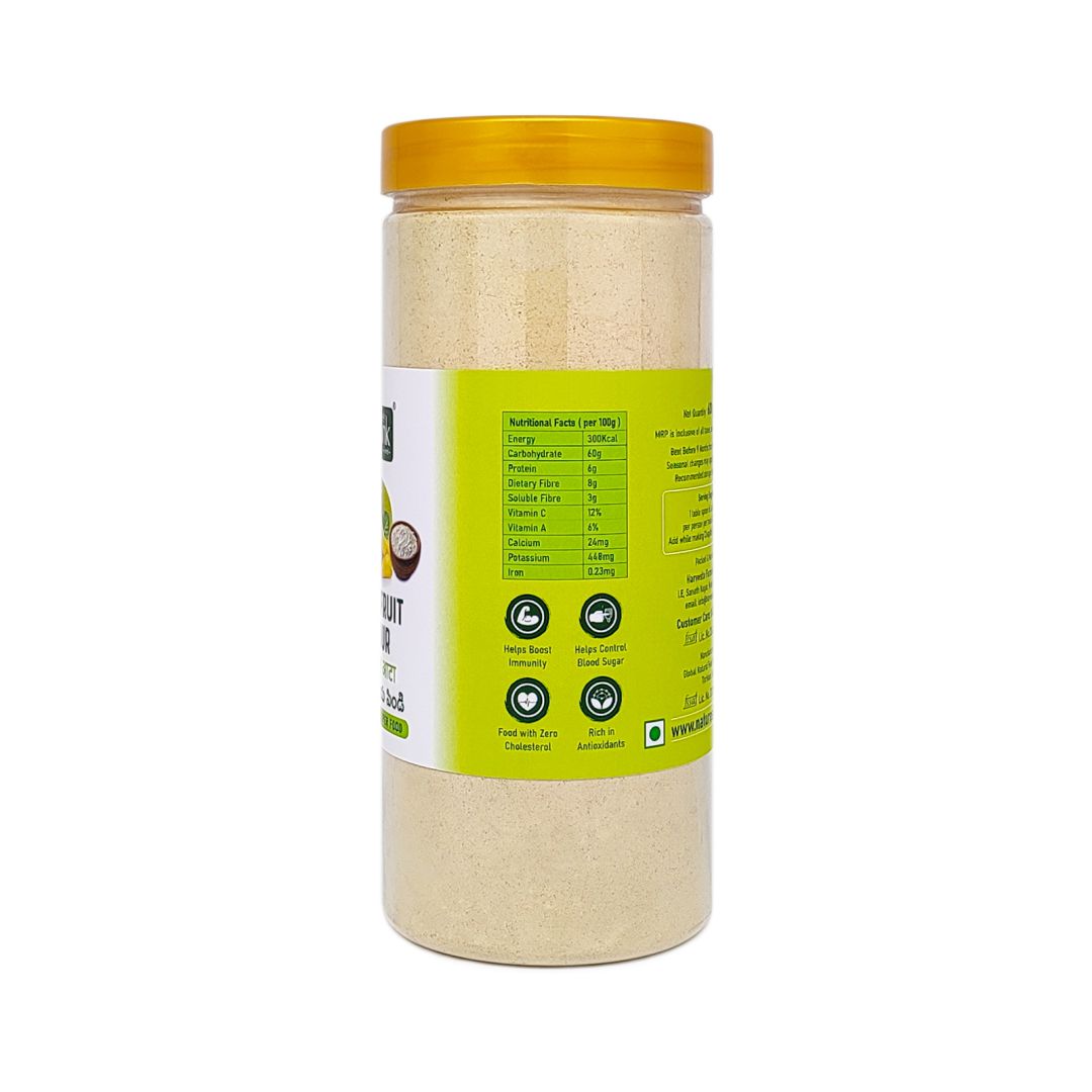 Side view of Raw Jackfruit Flour packaging — eco-friendly packed raw jackfruit flour for nutritious cooking and baking. Buy raw jackfruit online easily.