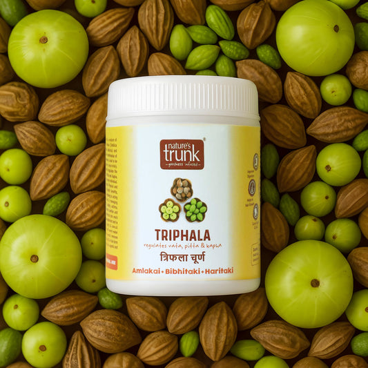Natural riphala Powder made from amla, haritaki, and bibhitaki — pure riphala churn for digestive health and daily Ayurvedic wellness.