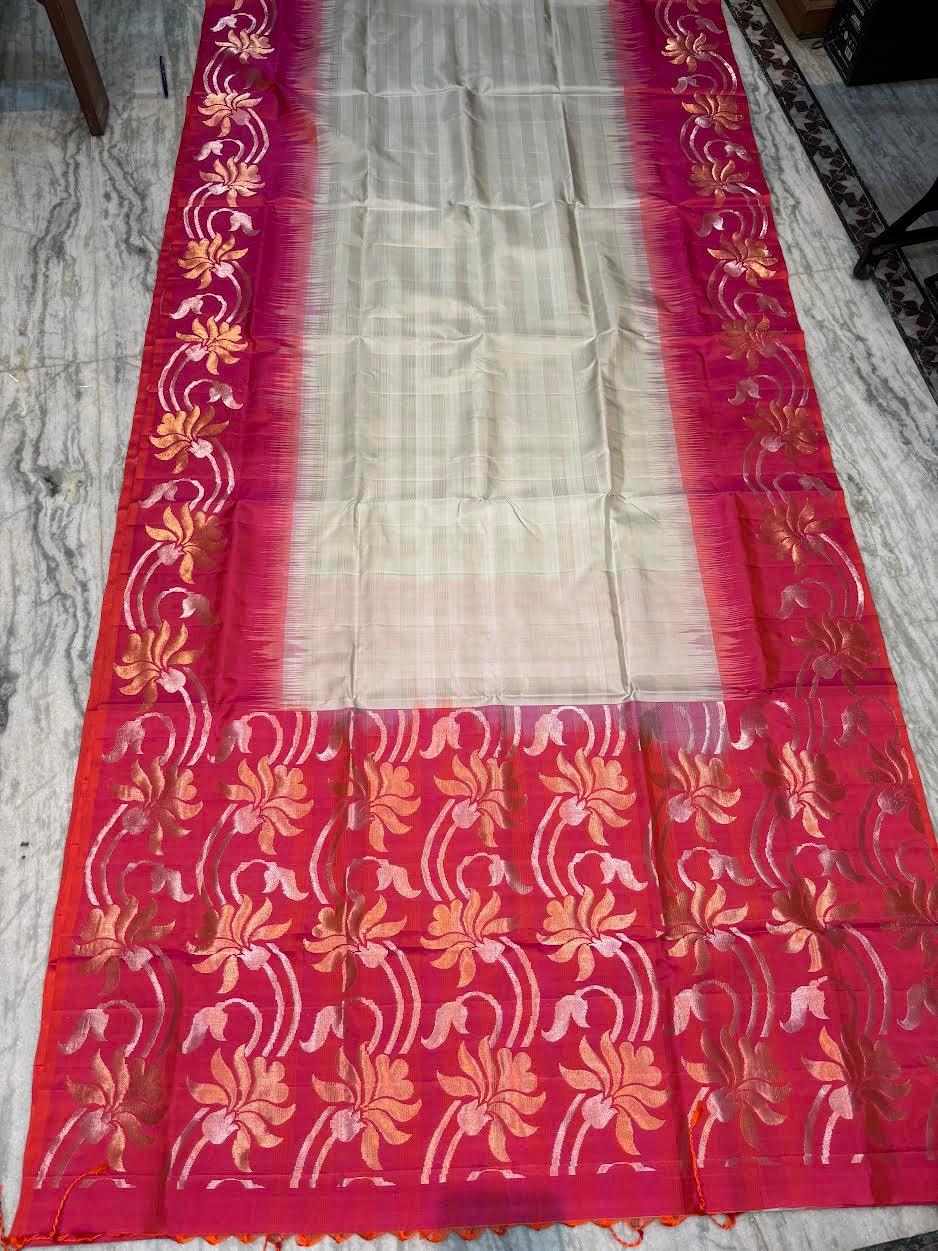 Cream & Deep Pink Kanchi Soft Silk Saree | Silver Zari Floral Border | Lightweight Festive Wear Saree with Blouse - pochampallysarees.com