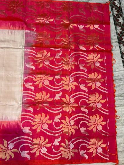 Cream & Deep Pink Kanchi Soft Silk Saree | Silver Zari Floral Border | Lightweight Festive Wear Saree with Blouse - pochampallysarees.com