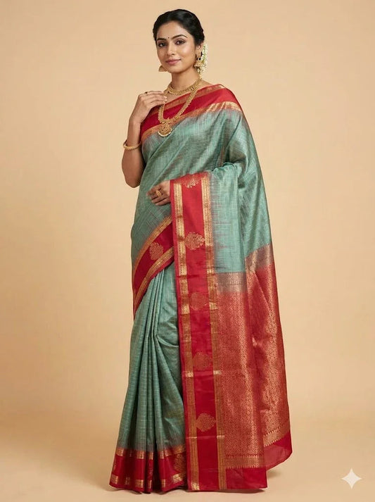 Women's Traditional Soft Silk Saree in Grey-Teal with Gold Zari Checks, Contrast Maroon Border, and Heavy Pallu for Weddings - pochampallysarees.com