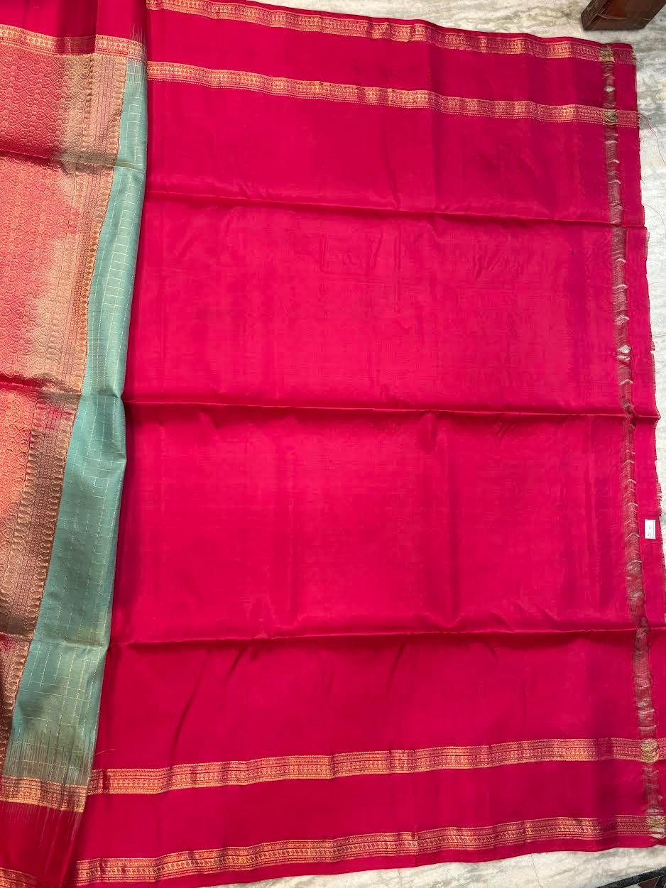 Women's Traditional Soft Silk Saree in Grey-Teal with Gold Zari Checks, Contrast Maroon Border, and Heavy Pallu for Weddings - pochampallysarees.com