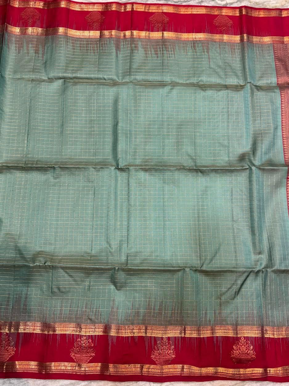 Women's Traditional Soft Silk Saree in Grey-Teal with Gold Zari Checks, Contrast Maroon Border, and Heavy Pallu for Weddings - pochampallysarees.com