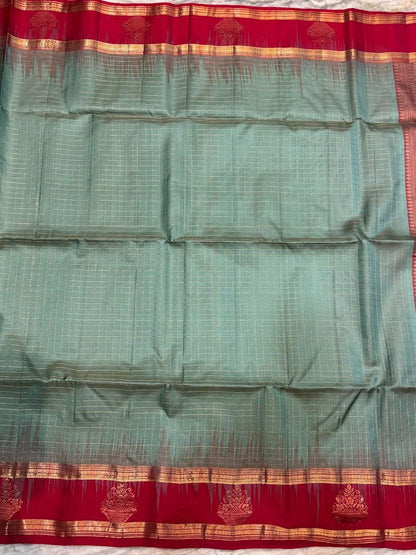 Women's Traditional Soft Silk Saree in Grey-Teal with Gold Zari Checks, Contrast Maroon Border, and Heavy Pallu for Weddings - pochampallysarees.com