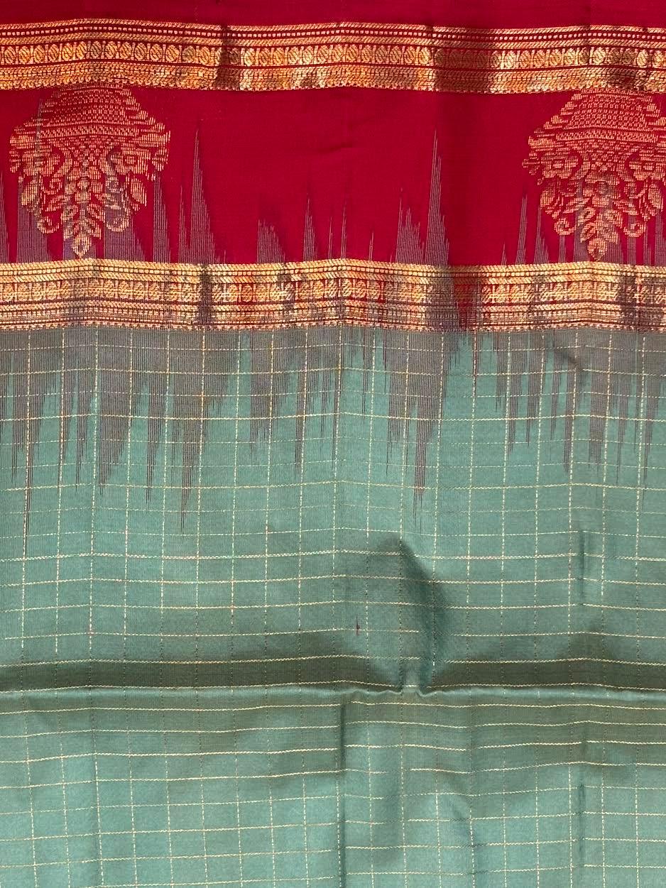 Women's Traditional Soft Silk Saree in Grey-Teal with Gold Zari Checks, Contrast Maroon Border, and Heavy Pallu for Weddings - pochampallysarees.com