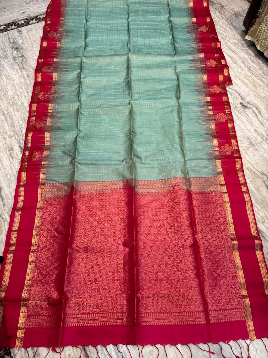 Women's Traditional Soft Silk Saree in Grey-Teal with Gold Zari Checks, Contrast Maroon Border, and Heavy Pallu for Weddings - pochampallysarees.com