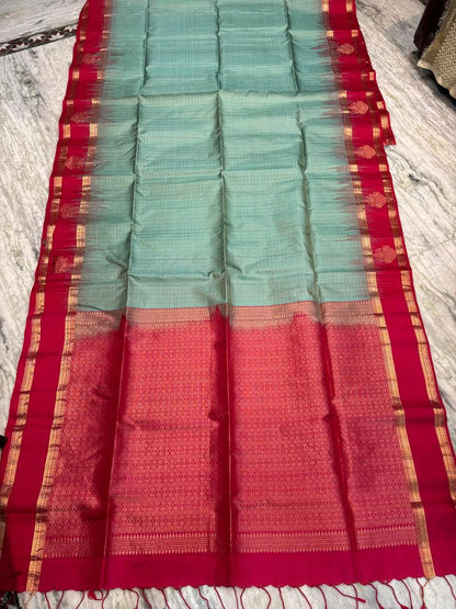 Women's Traditional Soft Silk Saree in Grey-Teal with Gold Zari Checks, Contrast Maroon Border, and Heavy Pallu for Weddings - pochampallysarees.com