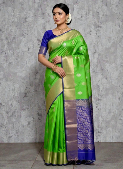 PURE SOFT SILK SAREE PARROT GREEN AND BLUE WITH ALLOVER BUTTI DESIGN WEAVES IN BORDER AND PALLU TISSUE STYLE - pochampallysarees.com