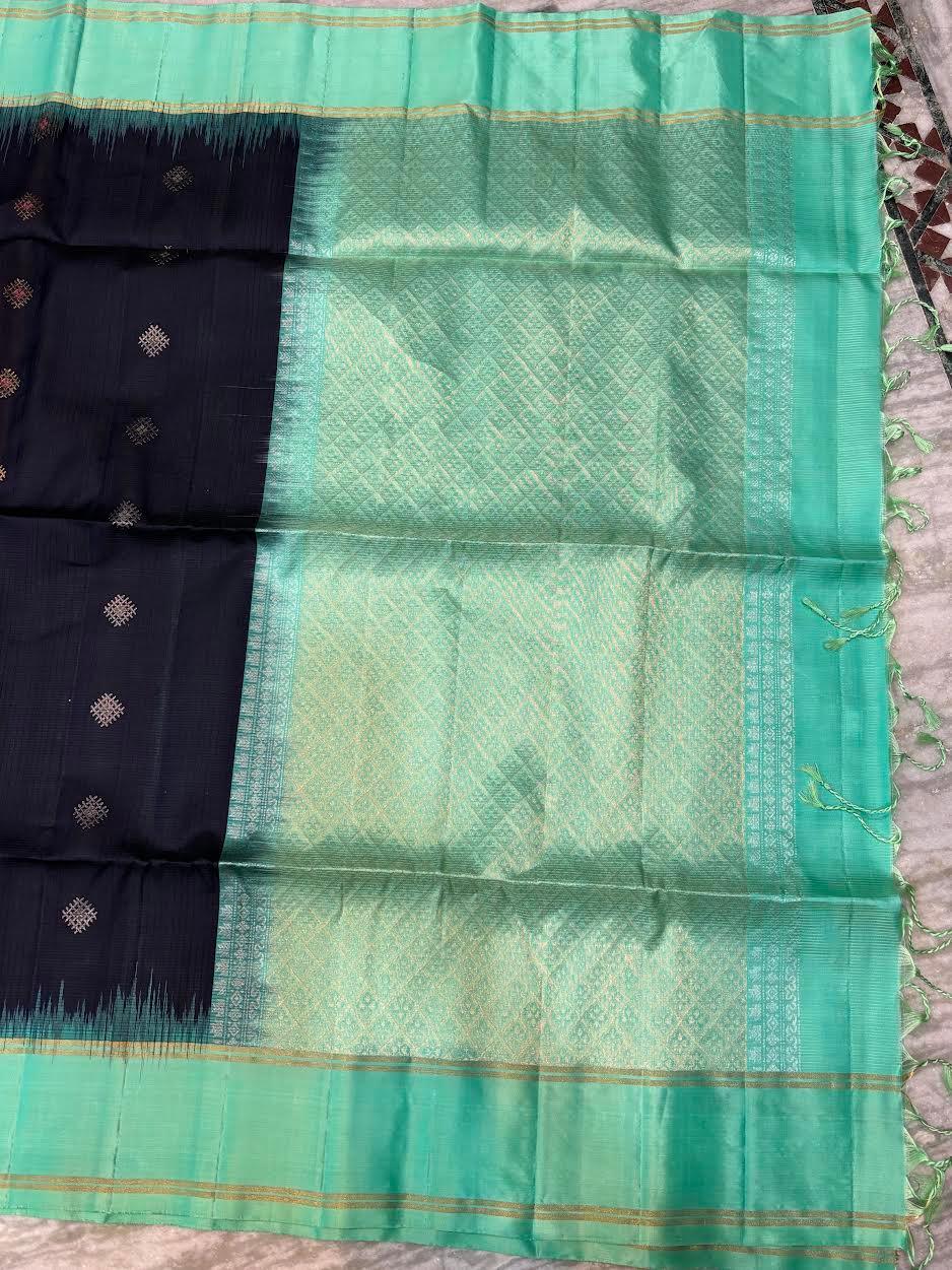 Navy Blue Kanchi Soft Silk Saree with Sea Green Temple Border & Striped Blouse - pochampallysarees.com