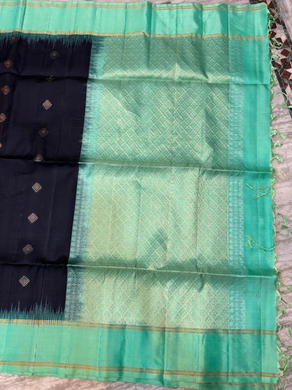 Navy Blue Kanchi Soft Silk Saree with Sea Green Temple Border & Striped Blouse - pochampallysarees.com