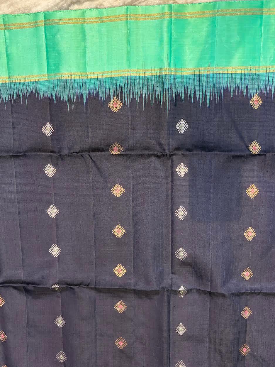 Navy Blue Kanchi Soft Silk Saree with Sea Green Temple Border & Striped Blouse - pochampallysarees.com