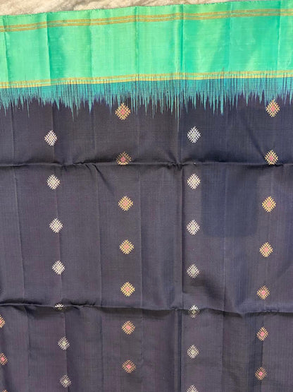 Navy Blue Kanchi Soft Silk Saree with Sea Green Temple Border & Striped Blouse - pochampallysarees.com