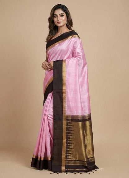 Elegant Pastel Pink Soft Silk Saree with Contrast Dark Coffee-Black Zari Border & Designer Pallu - pochampallysarees.com