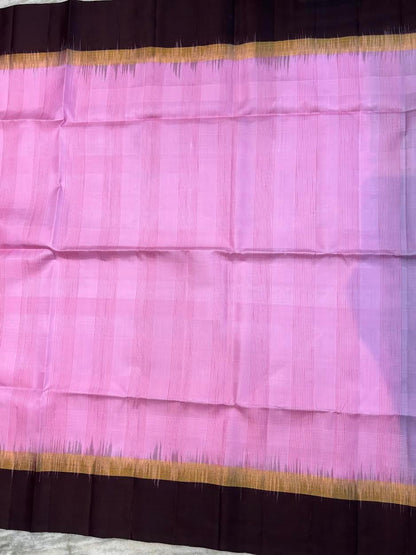 Elegant Pastel Pink Soft Silk Saree with Contrast Dark Coffee-Black Zari Border & Designer Pallu - pochampallysarees.com