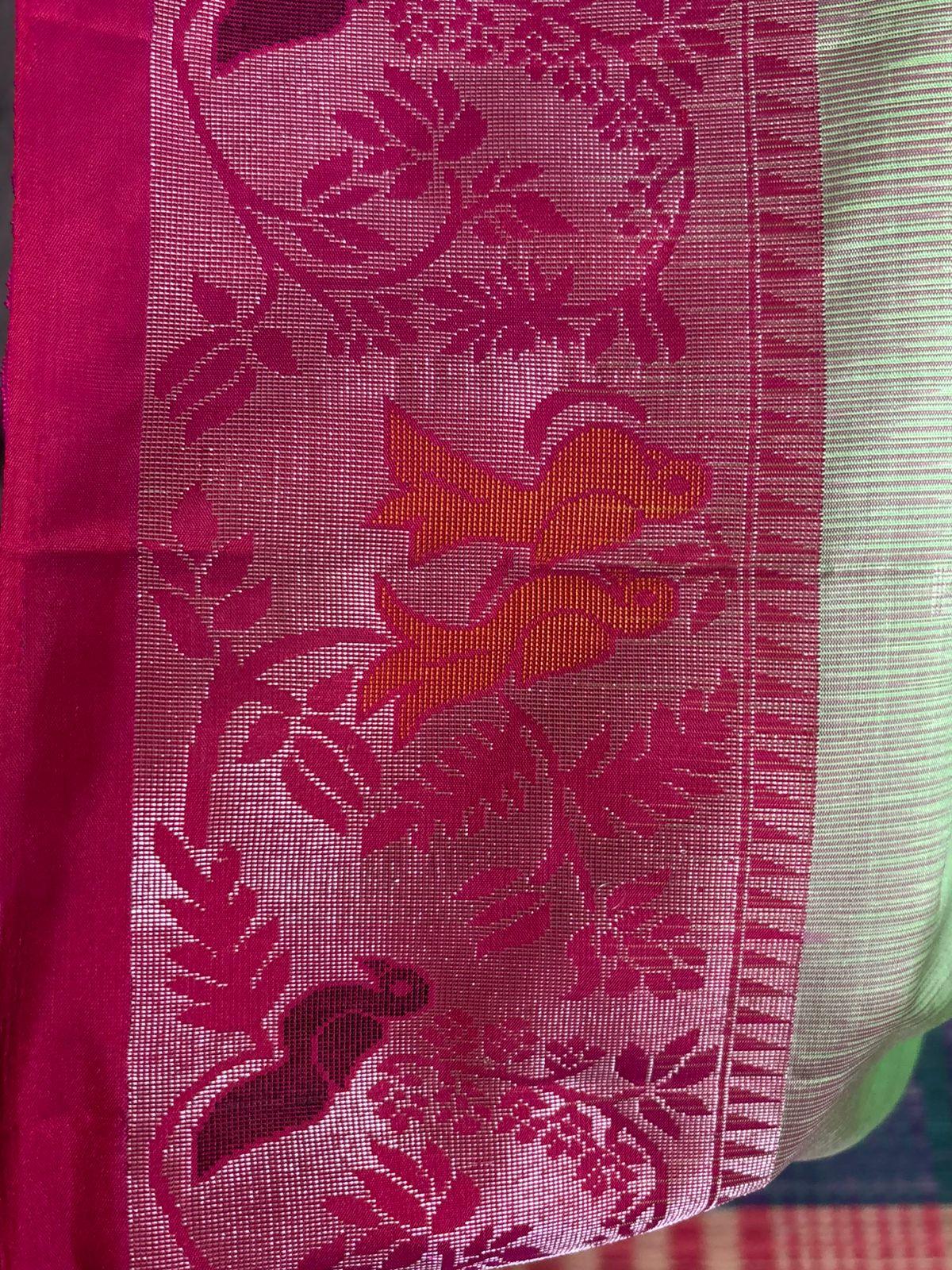 PURE SOFT SILK SAREE BODY GREEN BORDER RED SARI - pochampallysarees.com