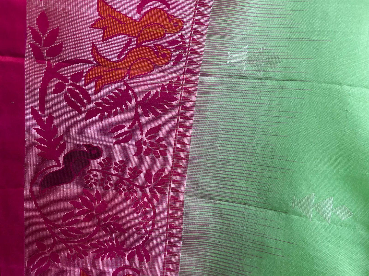 PURE SOFT SILK SAREE BODY GREEN BORDER RED SARI - pochampallysarees.com