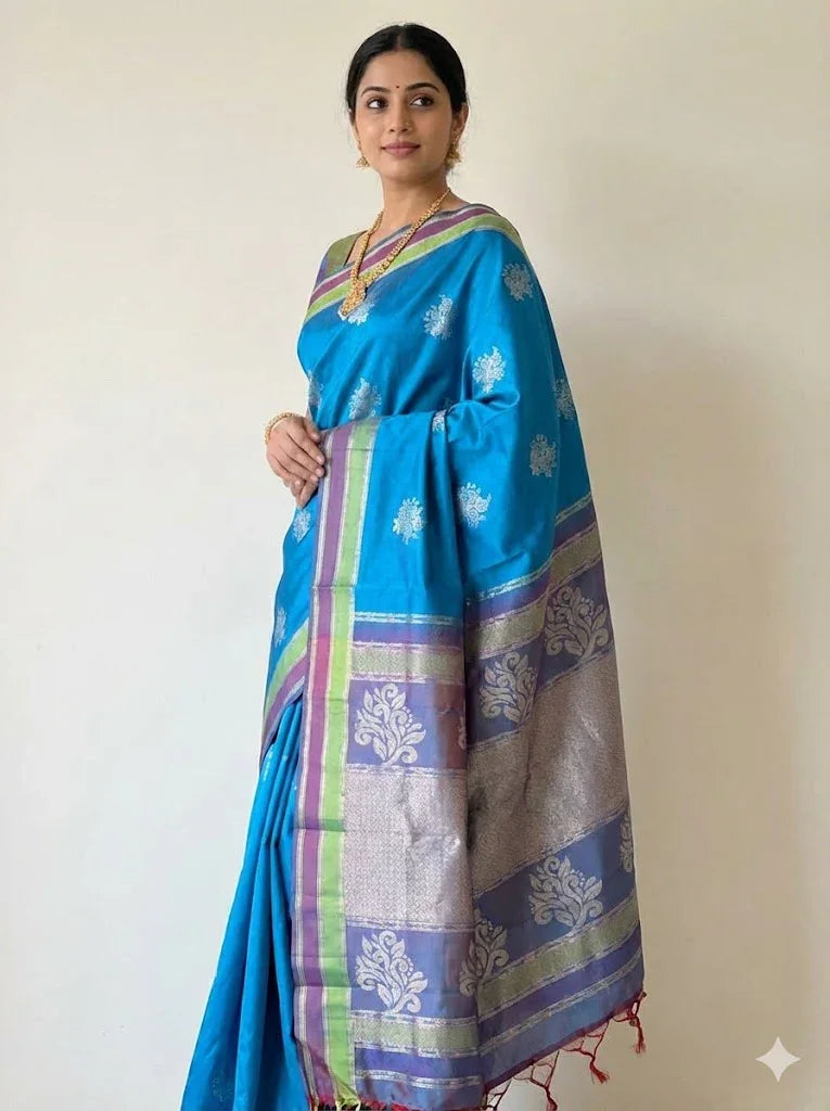 Sky Blue Soft Kubera Silk Saree with Silver Zari Floral Motifs & Rich Contrast Pallu | Traditional Festive & Wedding Wear Saree for Women with Blouse Piece - pochampallysarees.com