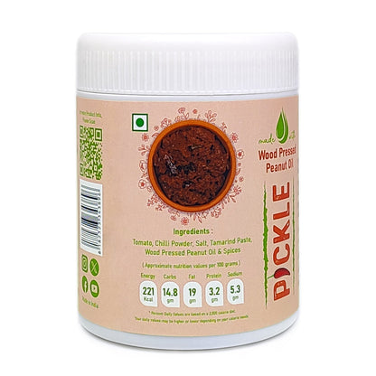 Nature’s Trunk tomato pickle jar with ingredients and nutrition details, traditional homemade tomato pickle near me