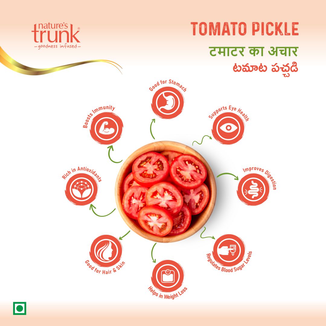 Tomato pickle infographic showing health benefits with fresh tomatoes, Nature’s Trunk tomato pickle online delivery