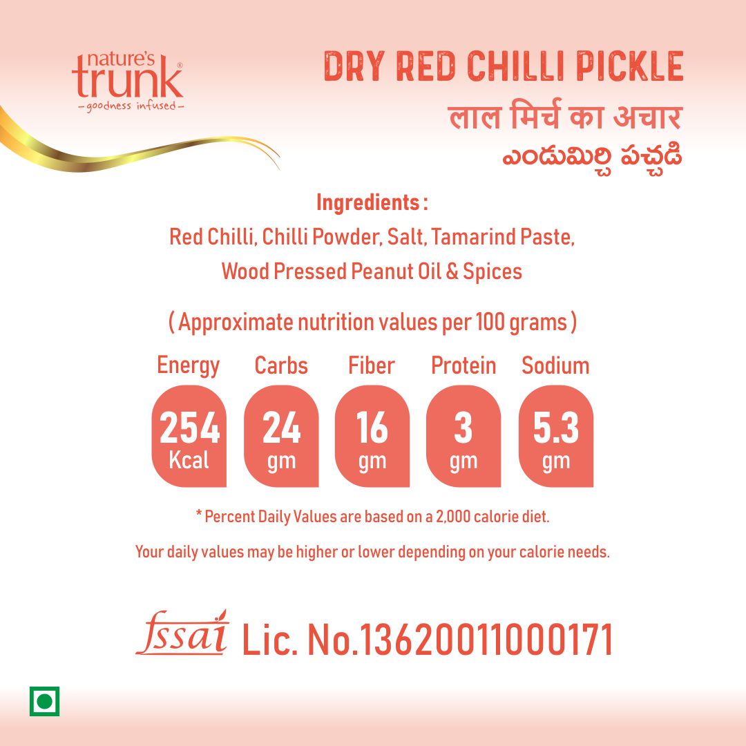 Traditional red chillies pickle nutrition label with ingredients and food values, authentic homemade spicy pickle