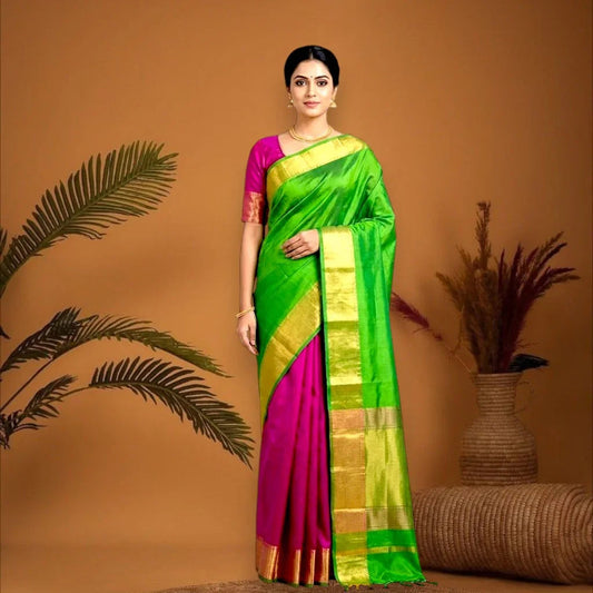 PURE SOFT SILK SAREE PATLI PALLU GREEN BODY PLAIN AND PINK - pochampallysarees.com