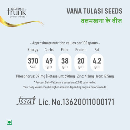 Nutritional values of Nature’s Trunk 250g Vana Tulasi Seeds – nutrients and health information