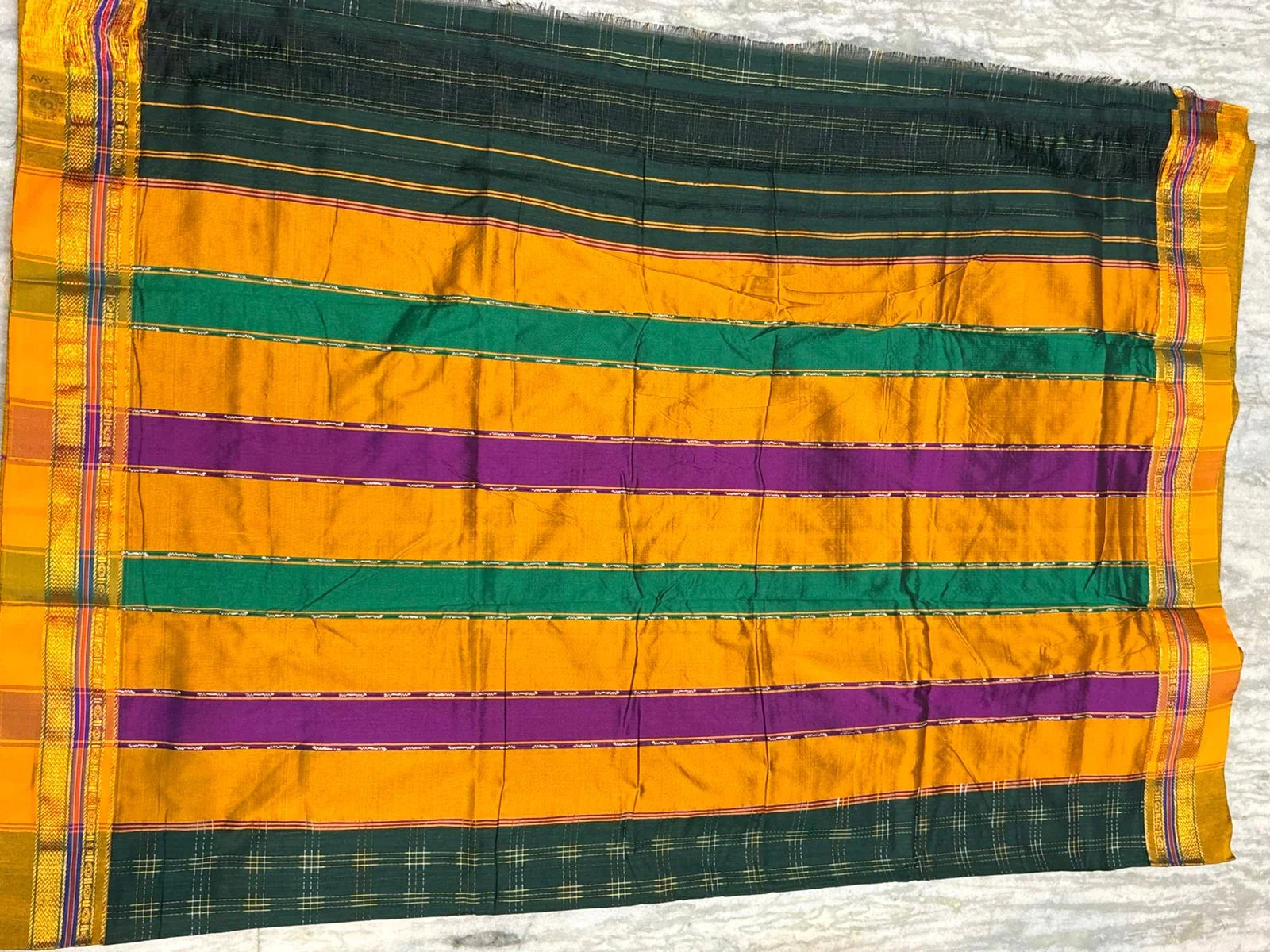 Pure Kuppadam Silk Cotton Saree in Bottle Green with Zari Checks & Contrast Striped Pallu - pochampallysarees.com