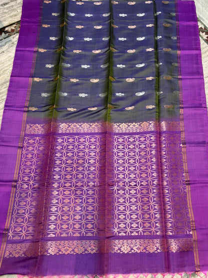 Elegant Dual-Tone Grey & Purple Pure Soft Silk Saree with Traditional Zari Pallu - pochampallysarees.com