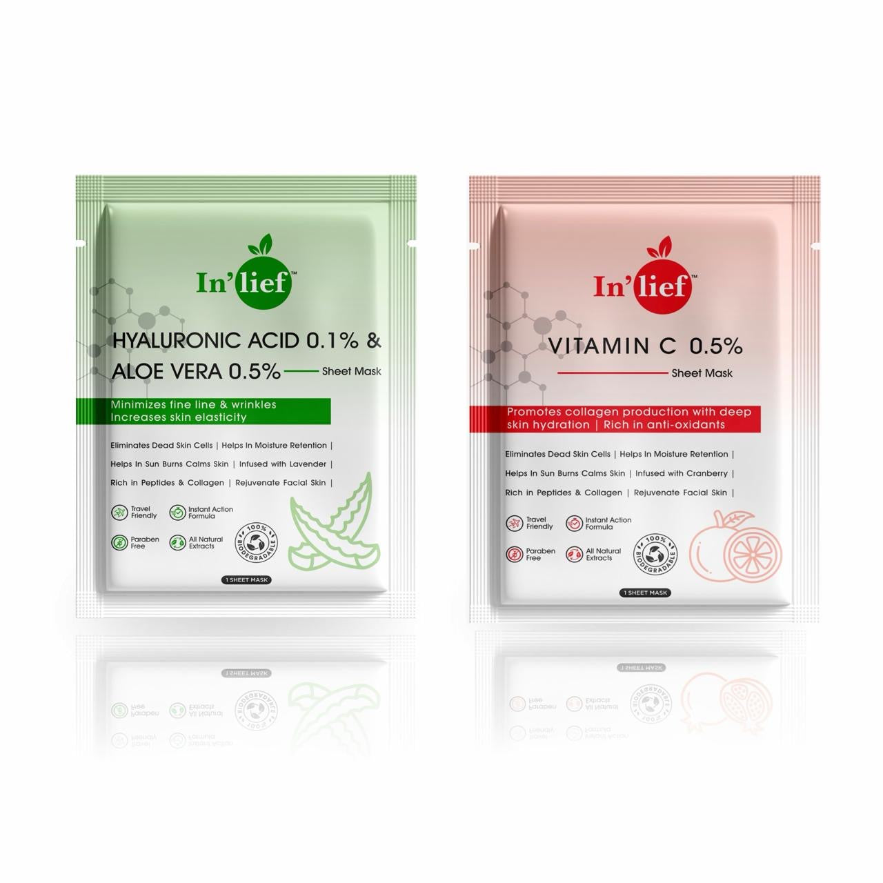 In'Lief Sheet Mask Pack of 2 - 25ml | Vitamic C | Hyaluronic Acid | Rich in Peptides & Collagen