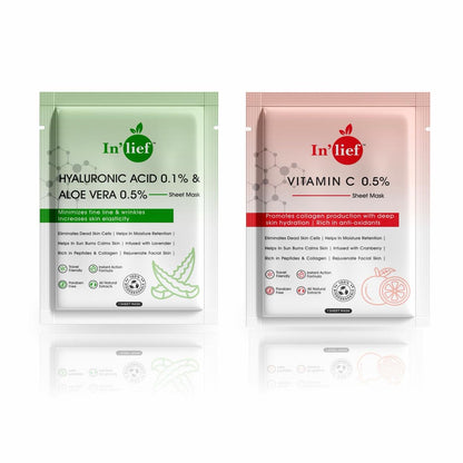 In'Lief Sheet Mask Pack of 2 - 25ml | Vitamic C | Hyaluronic Acid | Rich in Peptides & Collagen