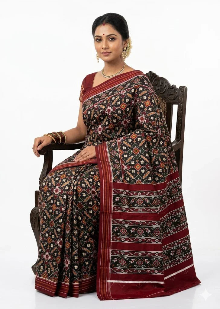 Authentic Double Ikat Silk Patola Saree in Red & Green | Buy Online - pochampallysarees.com