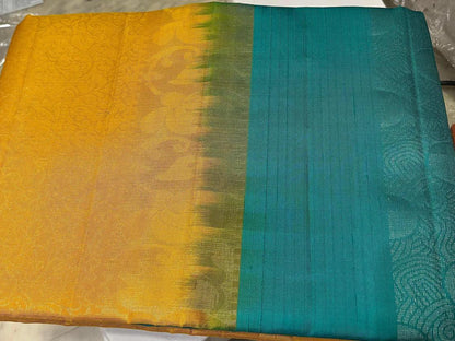 PURE SOFT SILK SAREE BLUE AND YELLOW WITH ALLOVER ZARI WEAVES BUTTAS IN BORDER KANCHI STYLE - pochampallysarees.com