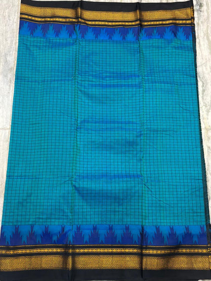 Teal Blue & Black Pure Gadwal Silk Saree with Temple Border - pochampallysarees.com