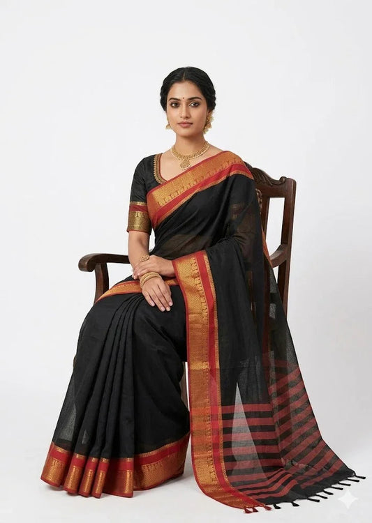 PURE NARAYANPET COTTON BLACK SARI - pochampallysarees.com