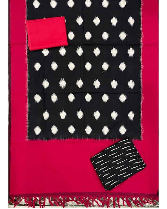 DOUBLE IKKAT BLACK WITH RED COLOR DRESS MATERIAL-C38 - pochampallysarees.com
