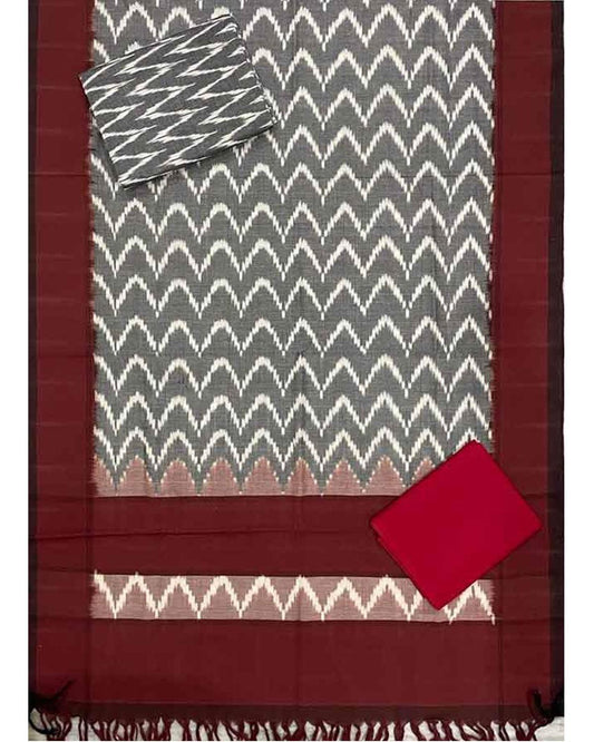 DOUBLE IKKAT COTTON GRAY WITH RED COLOR DRESS MATERIAL -C76 - pochampallysarees.com