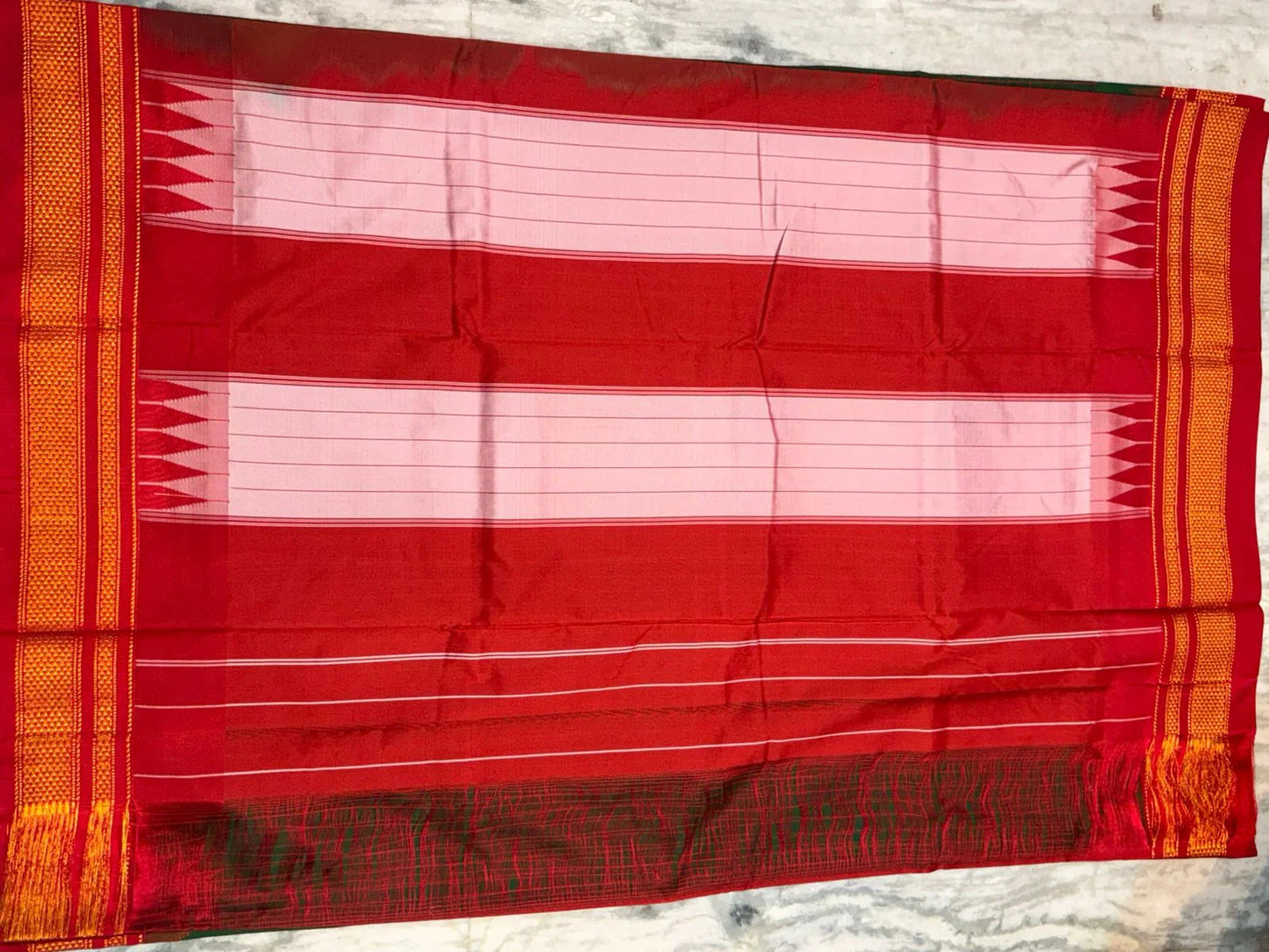 Authentic Pure Gadwal Silk Saree – Green with Red Temple Border & Zari Checks - pochampallysarees.com