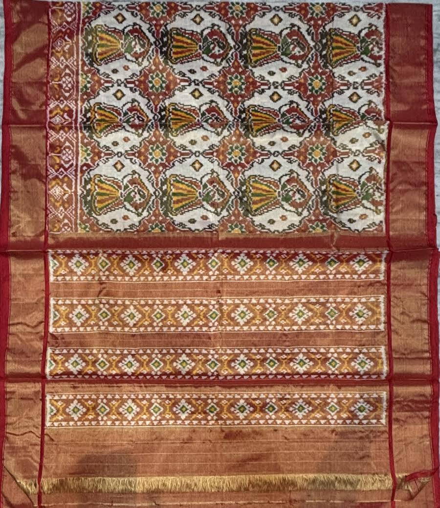 Pure Pochampally Ikkat Silk White Red Saree