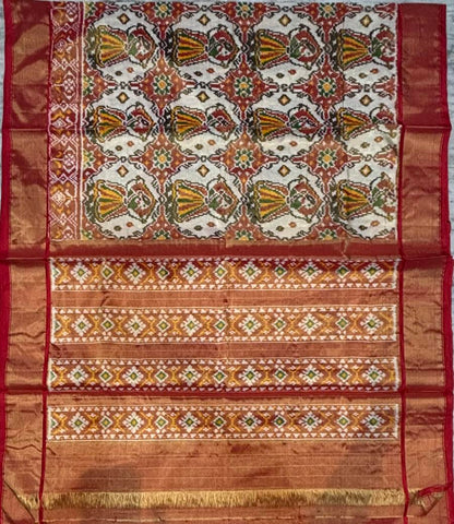 Pure Pochampally Ikkat Silk White Red Saree
