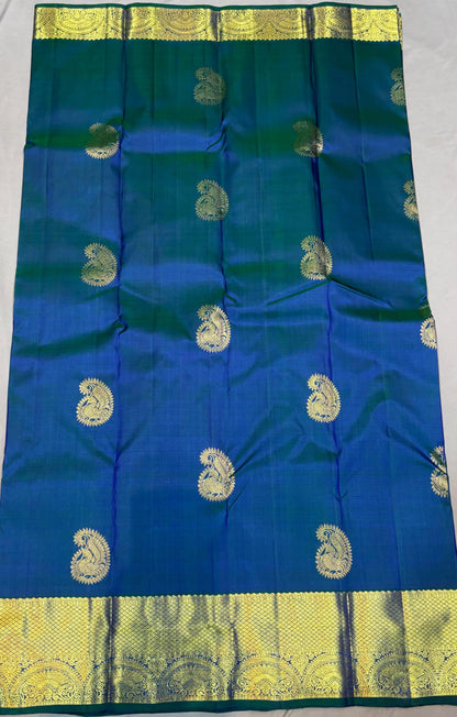 Authentic Pure Kanchipuram Pattu Saree in Royal Blue & Green | Silk Mark Certified - pochampallysarees.com