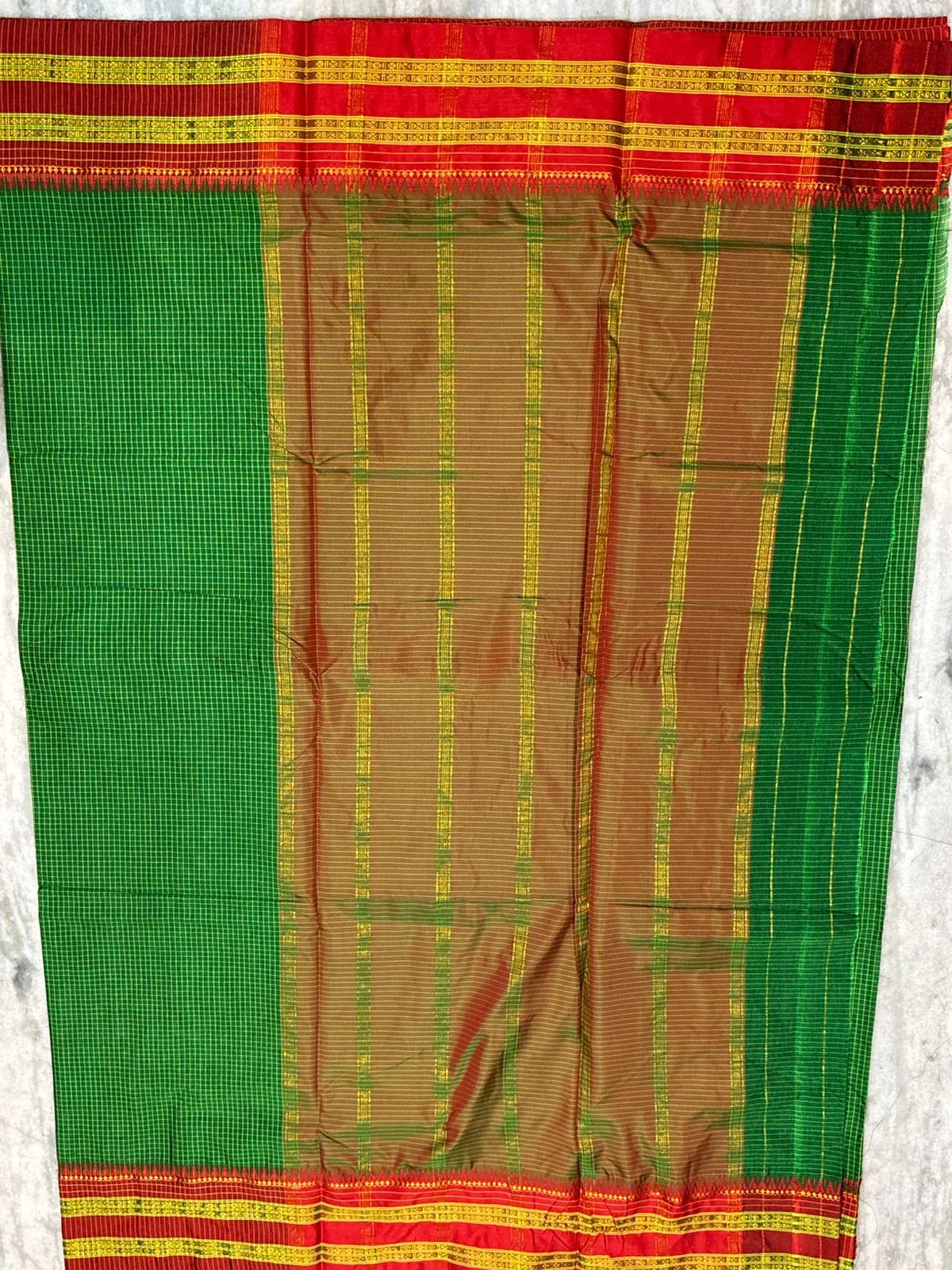 Authentic Pure Gadwal Silk Saree in Vibrant Green with Classic Checks & Contrast Red Zari Border - pochampallysarees.com