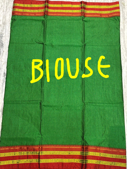 Authentic Pure Gadwal Silk Saree in Vibrant Green with Classic Checks & Contrast Red Zari Border - pochampallysarees.com
