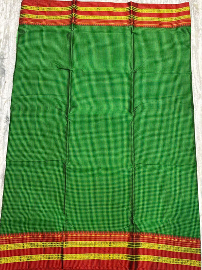 Authentic Pure Gadwal Silk Saree in Vibrant Green with Classic Checks & Contrast Red Zari Border - pochampallysarees.com